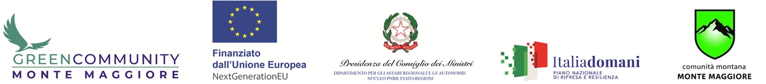 Loghi: Green Community Monte Maggiore, Finanziato dall’Unione Europea – NextGenerationEU, Presidenza del Consiglio dei Ministri – Dipartimento Affari Regionali e Autonomie, Italia Domani – PNRR, Comunità Montana Monte Maggiore